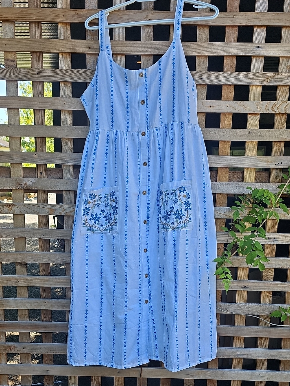 White Dress With Light Blue Stripes Embroidered Button-Front Midi Dress - Picture 2 of 14